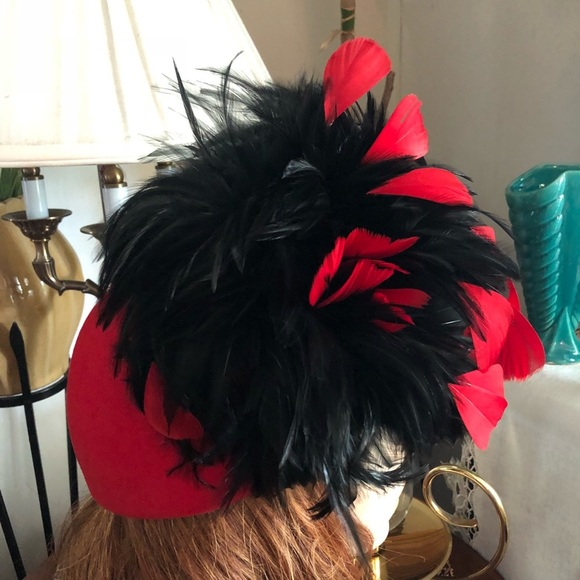 Vintage BOLLMAN Red Wool Cap Hat w Feathers main image 6